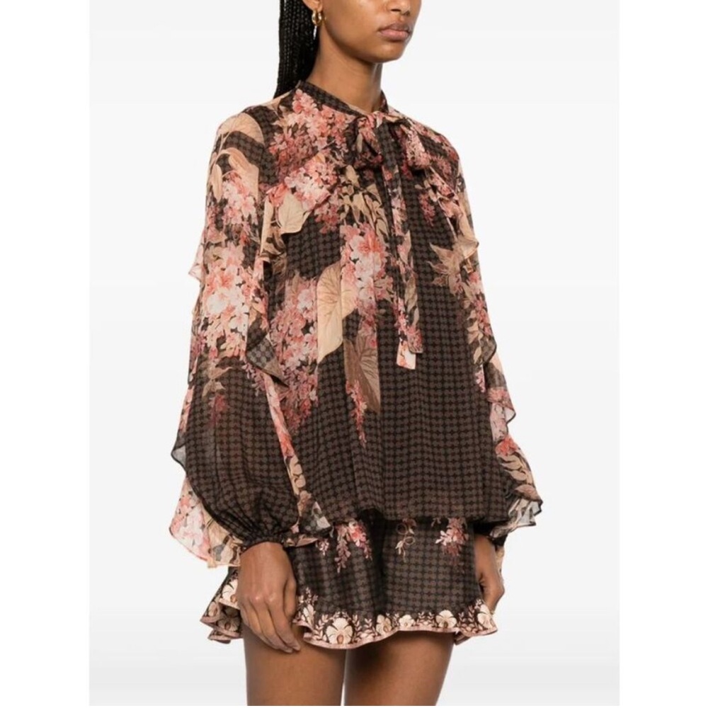 Zimmermann Floral Tie-Neck Sheer Blouse Dress in Brown and Pink